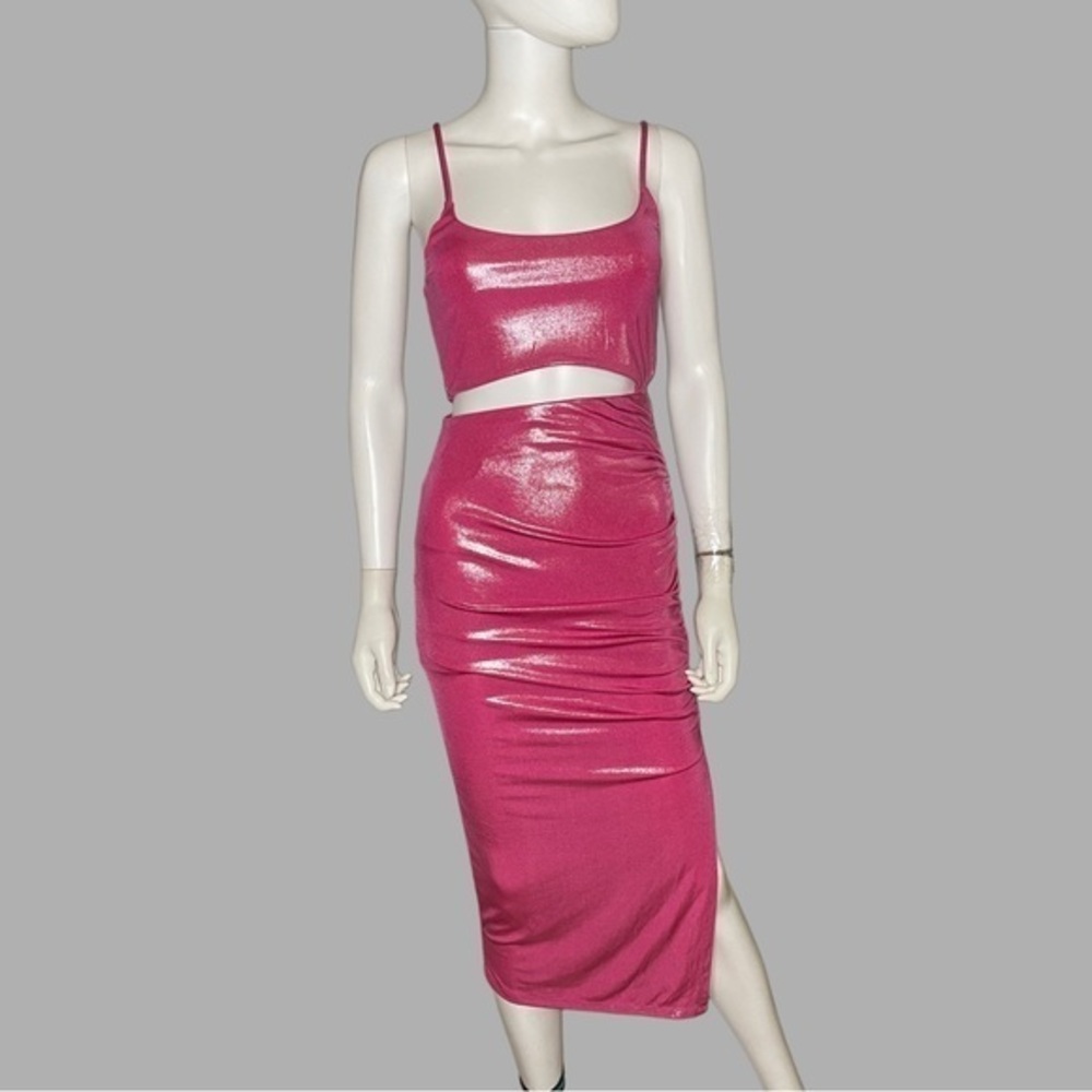 Forever 21 Hot Pink Slinky Ruched Front Cut Out Body Con Midi Dress